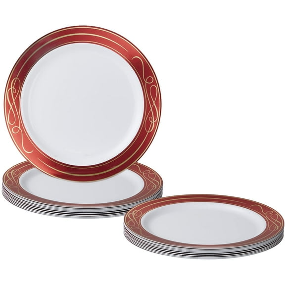 SILVER SPOONS Elegant Disposable Plates For AFN1Party - (10 Heavy Duty Disposable Dinner Set 10.25”, Fine Dining Plastic Dishes For Elegant China Look, Great Upscale Celebrations & Events, Red