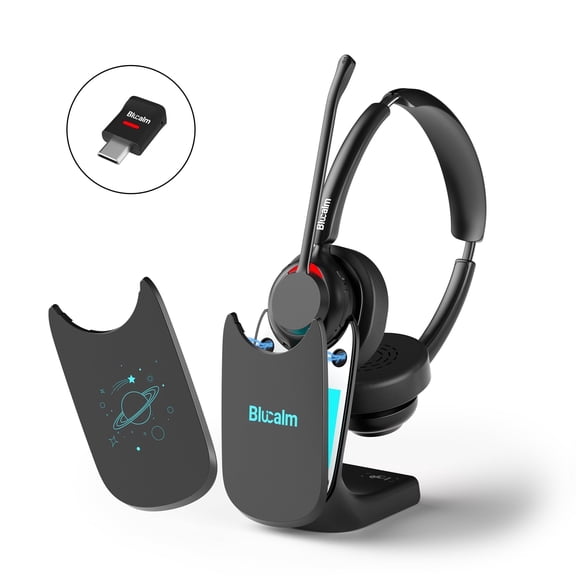 Blucalm V5.4 Wireless Headset with Microphone, Computer Headset with Charging Base & USB Dongle for PC, Wireless Headphones with Noise-Cancelling Mic for Work, WFH, Teams