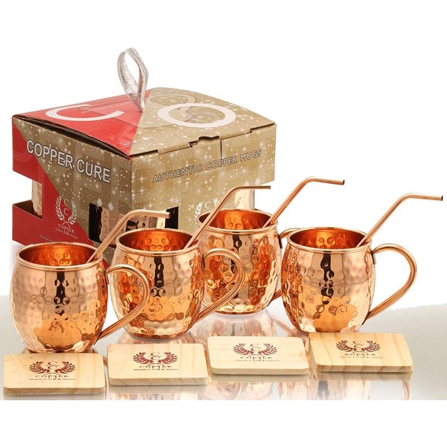 Solid Pure Copper Mugs – Set of 4 - Gift Set - Food Safe – Solid Copper Mug - Pure Copper Cups - 16 oz - Hammered with Bonus: Copper Straws and Coasters Gift Set by COPPER CURE