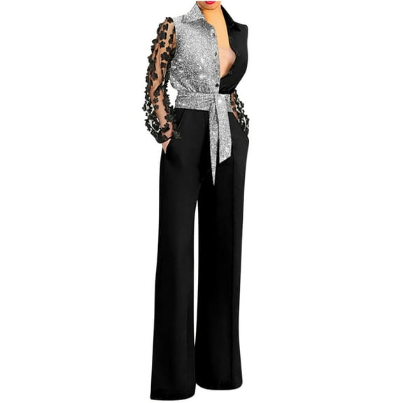WREESH Womens Business Casual Jumpsuit Fashion Pockets Solid Color Splice Long Sleeve Jumpsuit Long Pants Black