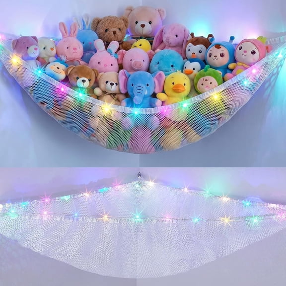 Stuffed Animals Net or Hammock Kids Toy Storage Organizer with LED Light Hanging Corner Stuffed Animals Holder Kids Girls Room Decor,White,Large (Pack of 1)