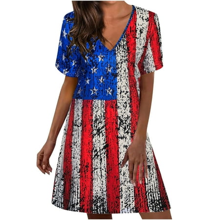 

Red Dress Pink Dress for Women Women s Leisure V Neck Independence Day Print Loose Short Sleeve Dress Dress Pants Women Formal Dresses for Women Evening Party Summer Savings Blue L