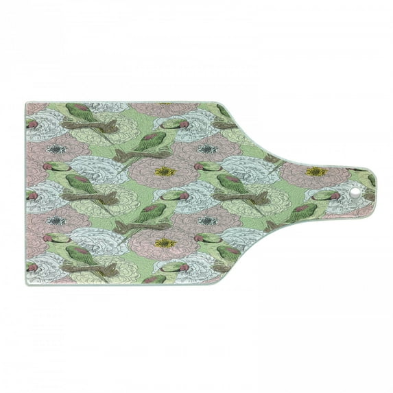 Exotic Cutting Board, Illustration of Tropical Island Flowers and Parrots Drawn by Hand, Decorative Tempered Glass Cutting and Serving Board, in 3 Sizes, by Ambesonne