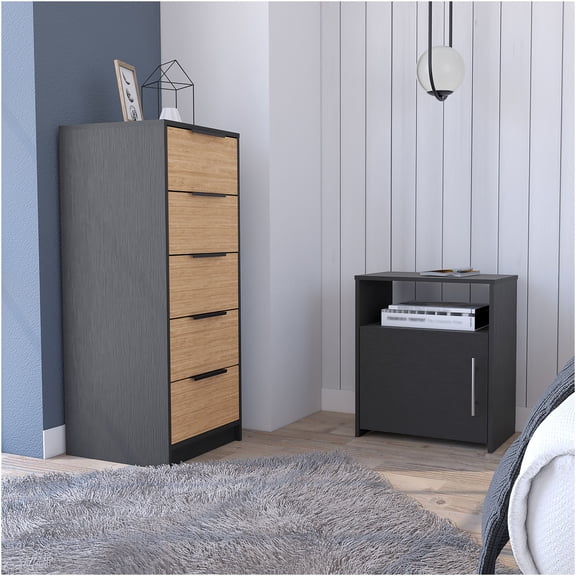 JERFIT 5-Drawer Dresser and Nightstand Set, Modern 2-Piece Bedroom Furniture with Soft-Close Drawers, Black and Light Oak Finish