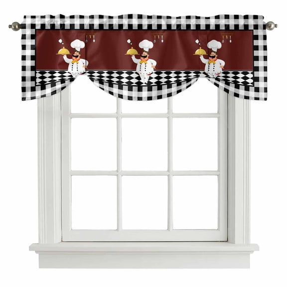 Red Kitchen Chef Tie Up Valance Curtains for Windows, Kitchen Curtains Window Shades, Black Plaid Gourmet Food Vintage Light Filtering Roman Curtain Valances for Bedroom/Bathroom/Cafe 42"x18"