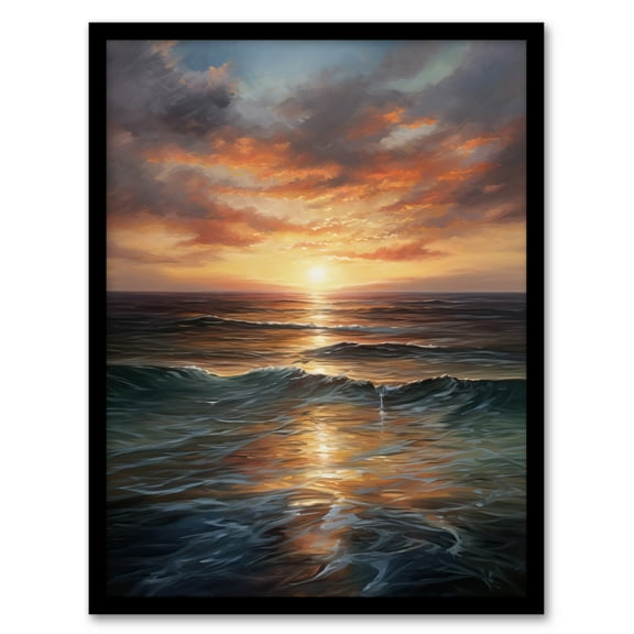 Tranquil Seascape Sunset Ocean Waves On Sea Oil Painting Art Print Framed Poster Wall Decor 12x16 inch