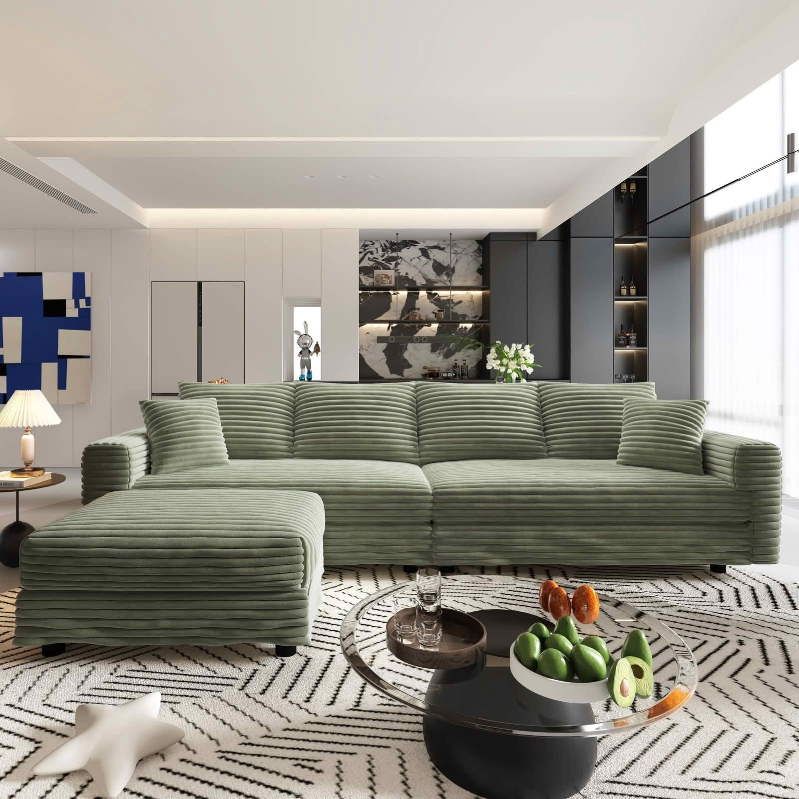 MAYEERTY 102.4" Plush Corduroy 4-Seat Cloud Sofa, Modern Comfy Upholstered Deep Seat Couch with Soft Pillows & Movable Ottoman, Convertible Sofa Lounge Chair for Living Room