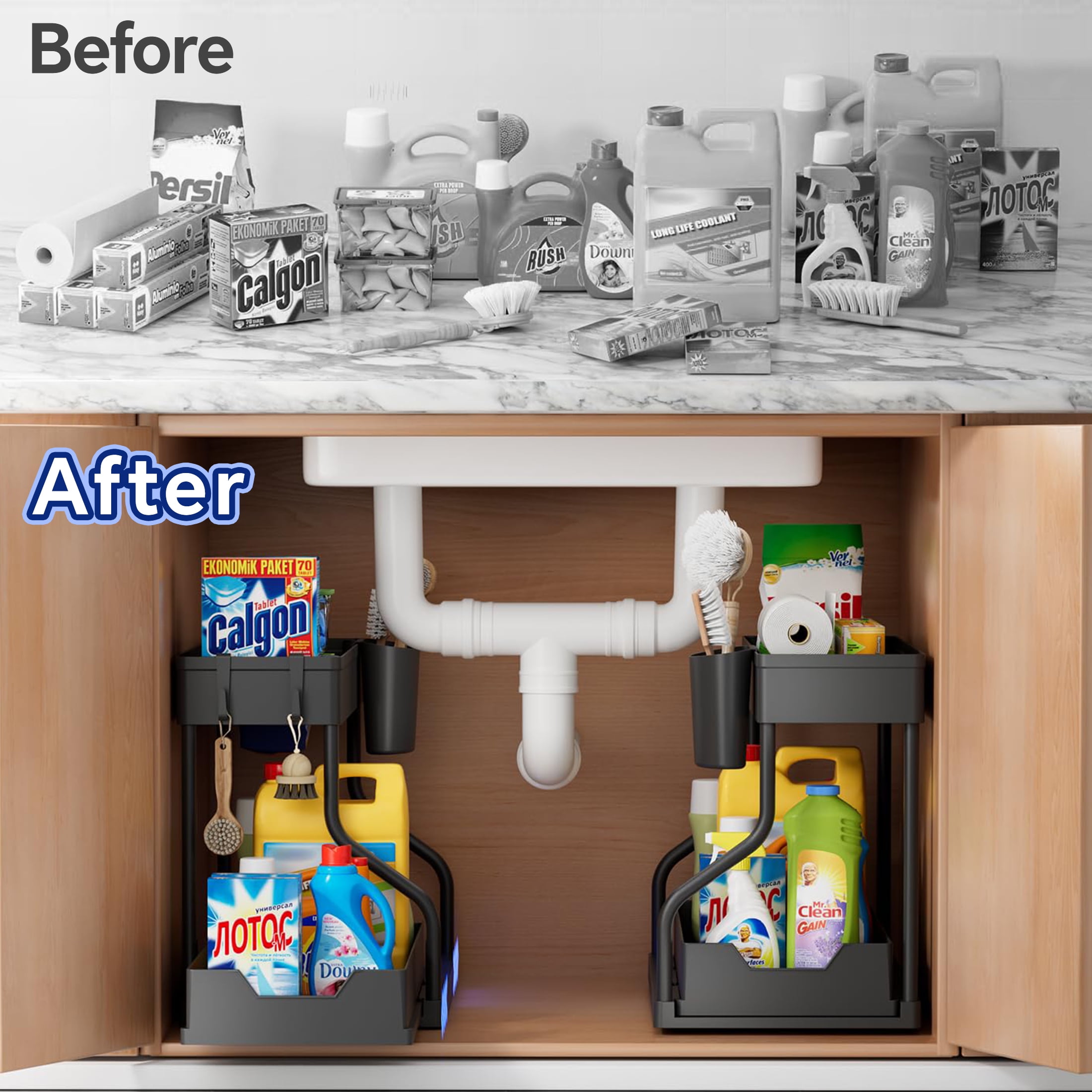 HIOHA 2-Pack 2-Tier Under Sink Pull-Out Cabinet Organizer for Kitchen and Bathroom, L-Shaped Narrow Space Shelves