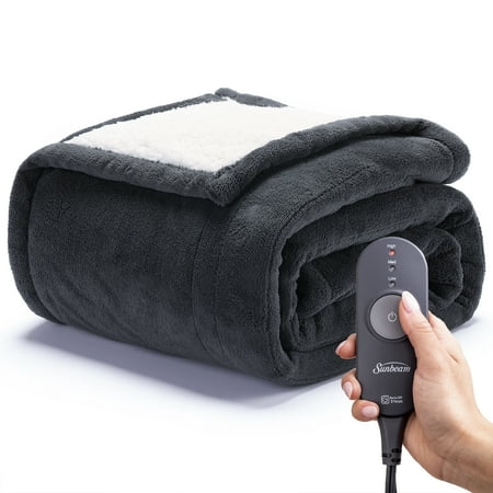 Sunbeam Heated Electric Throw Blanket, Cozy Sherpa, Grey Slate, 50" x 60"