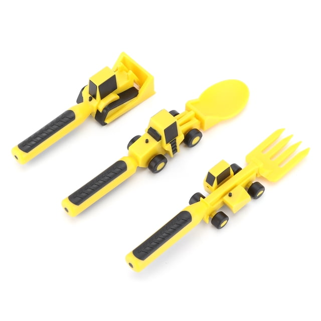cubiertos para niños bling bling juego de comedor constructivo utensilios para comer para niños pvc set de 3 piezas con cuchara, tenedor y pala estilo maquinaria de construcción en amarillo y negro con mangos texturizados de PVC, longitud total de la cuchara aprox. 15.5 cm (6.1 in), apropiado para iniciación a la alimentación y como regalo infantil.