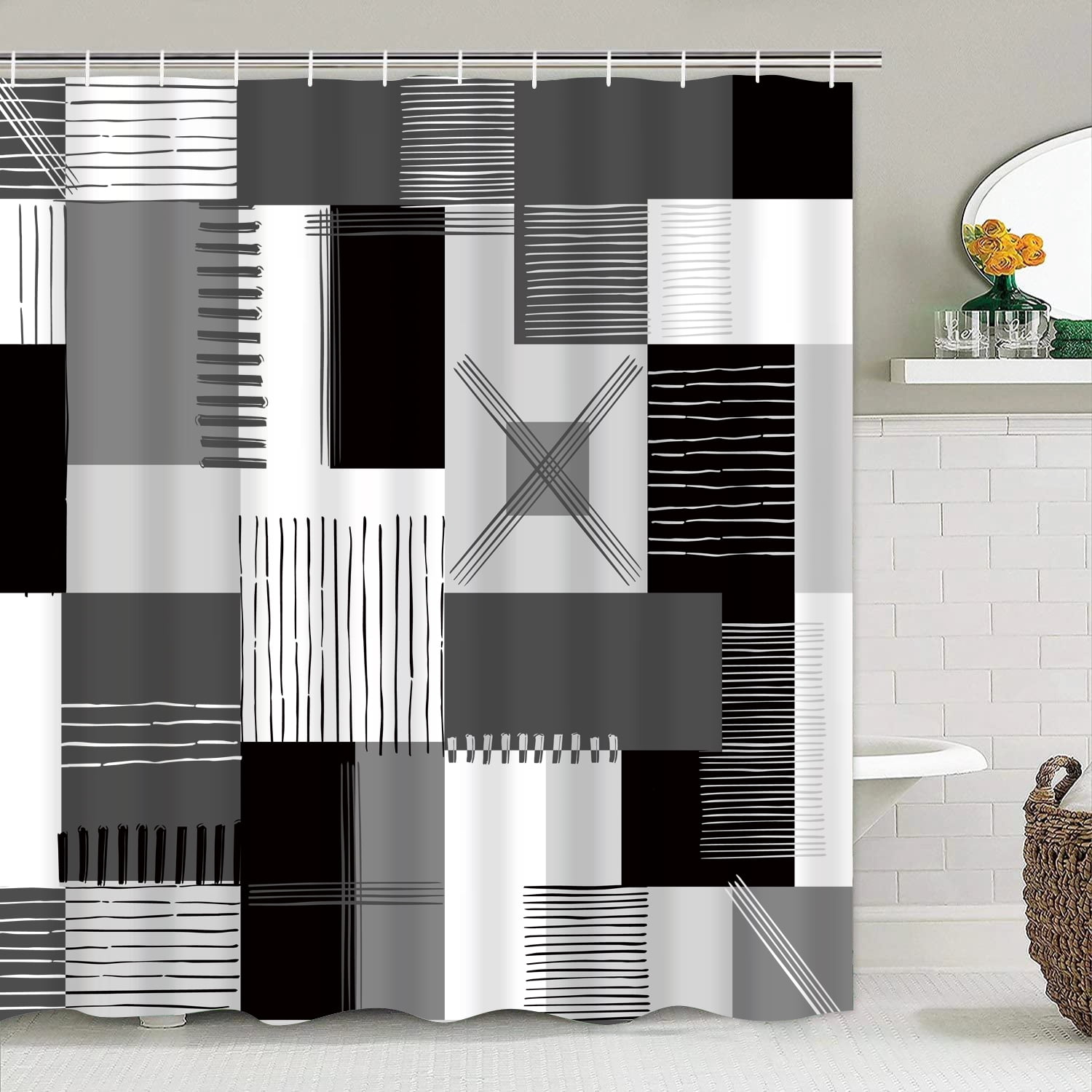 All Smiles 4-Piece Bathroom Sets Shower Curtain Set with Non-Slip Rug and Toilet Lid Cover,Black