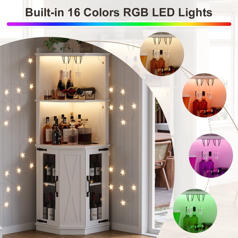 Triangular Corner Bar Cabinet with Power Outlet, Farmhouse Wine Storage Cabinet with Adjustable Shelves, LED Lights & Glass Rack