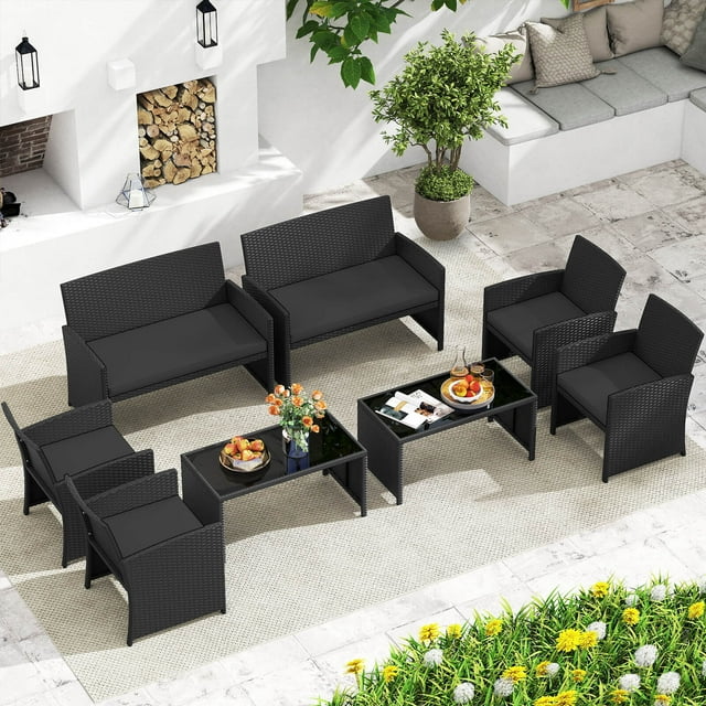 Costway 8 PCS Patio Conversation Set with Seat Cushions & Tempered Glass Tabletop, Porch Black+Black