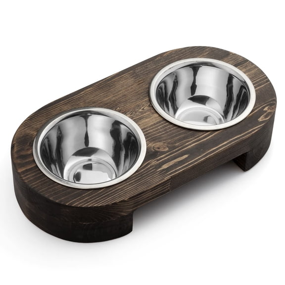 Pit stop Pet Food Bowls with Stand, Puppy Dog Feeding Bowls With Non-Skid Wooden Stand, Set of 2 Stainless Steel Food and Water Bowls for Dogs and Cats With Pine Wood Holder-Natural Wood Color-PET0011
