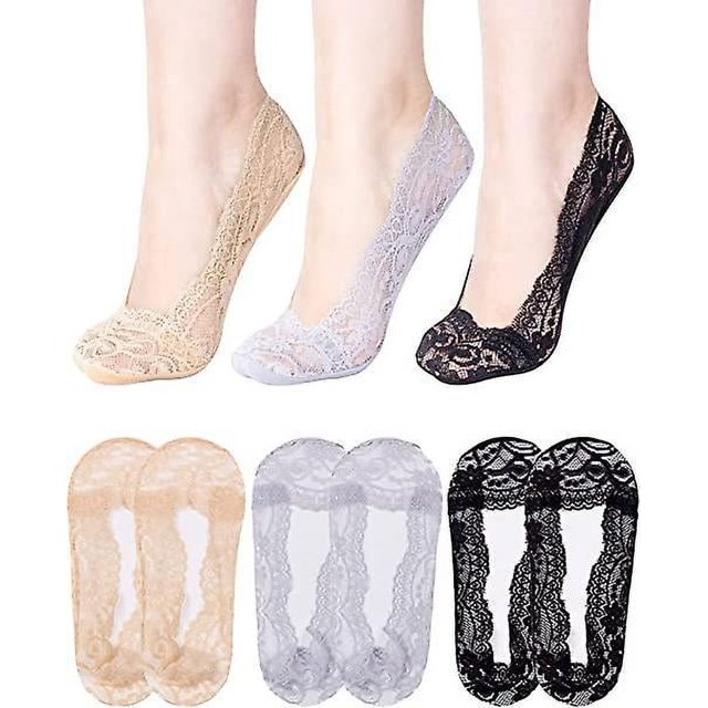 BRILLAR Calcetines invisibles de corte bajo antideslizantes de algodón con encaje para mujer (3 pares)