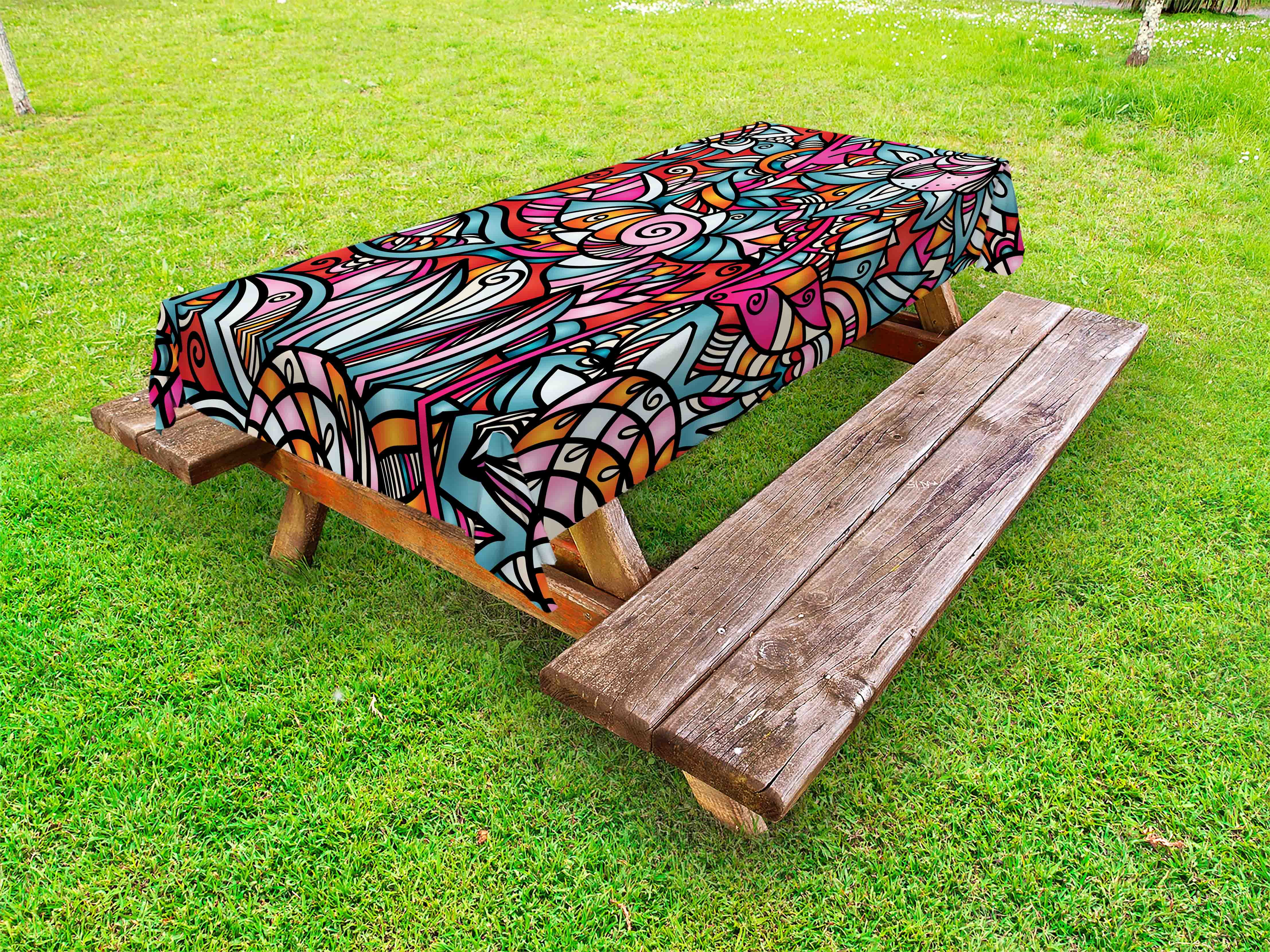 Abstract Outdoor Tablecloth, Colorful Florals Sunflower Mosaic Curl