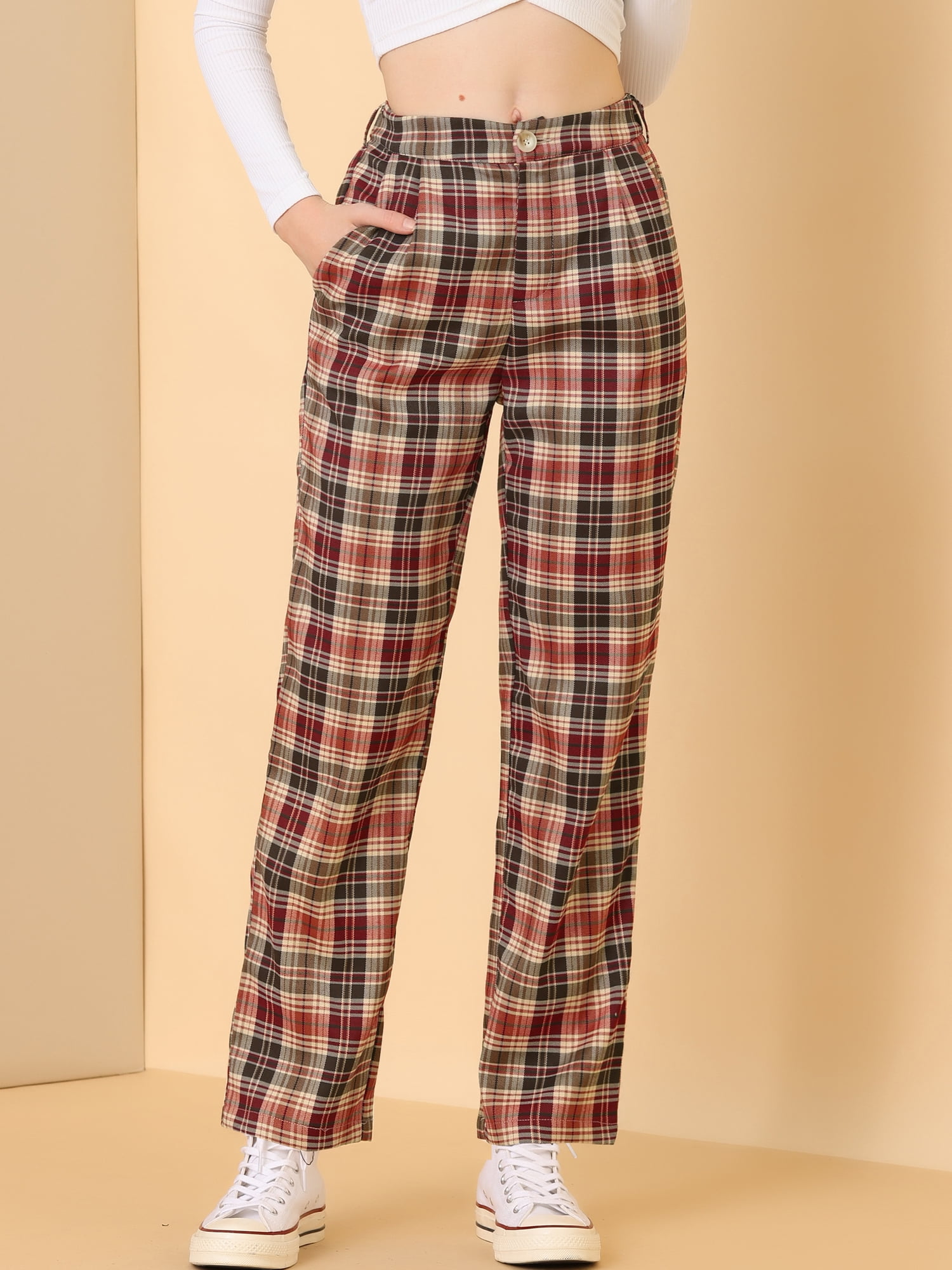 DARING DIVA Women's Plaid Trousers Pockets Straight Leg Casual Pant XS Red Brown Beige