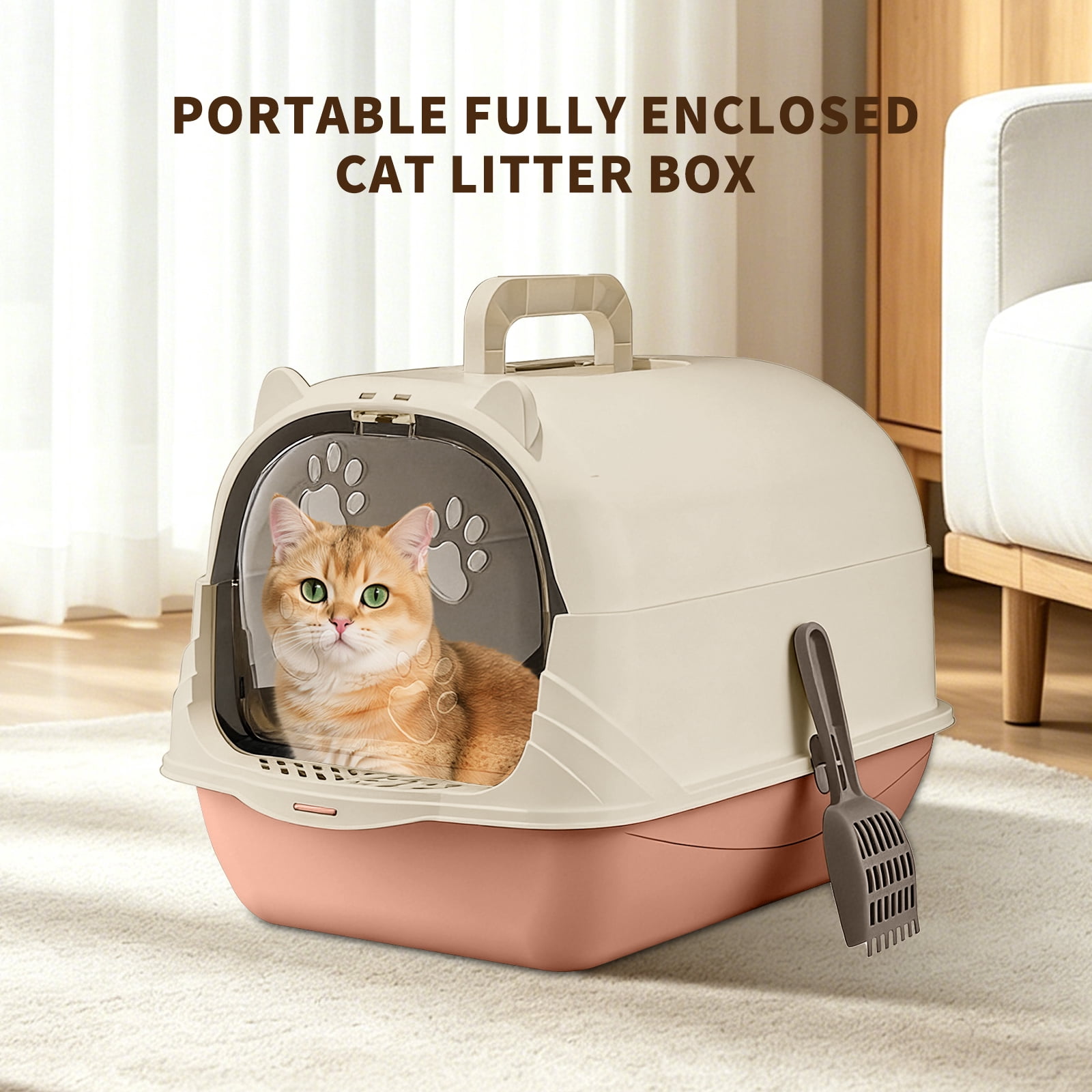 Portable Cat Litter Box with Handle, Fully Enclosed Front Entry & Litter Filter Pedal, Covered Kitty Toilet for Odor Control, Large Space Design, Pink