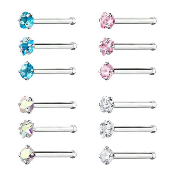 ZS 18g 12Pcs/Set Star Heart Round CZ Nose Ring Piercing Nose Bone Stud Piercing