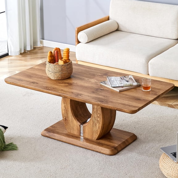 Wood Finish Rectangular Coffee Table With Sculptural Base, Modern Living