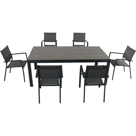 Hanover Tucson 7-Piece Dining Set with 6 Sling Arm Chairs and a Faux Wood Dining Table