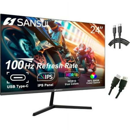 Sansui Monitor 24 inch FHD PC Monitor with USB Type-C, Built-in Speakers Earphone, Ultra-Slim Ergonomic Tilt Eye Care 75Hz with HDMI VGA for Home Office (ES-24F1 Type-C Cable & HDMI Cable Included)