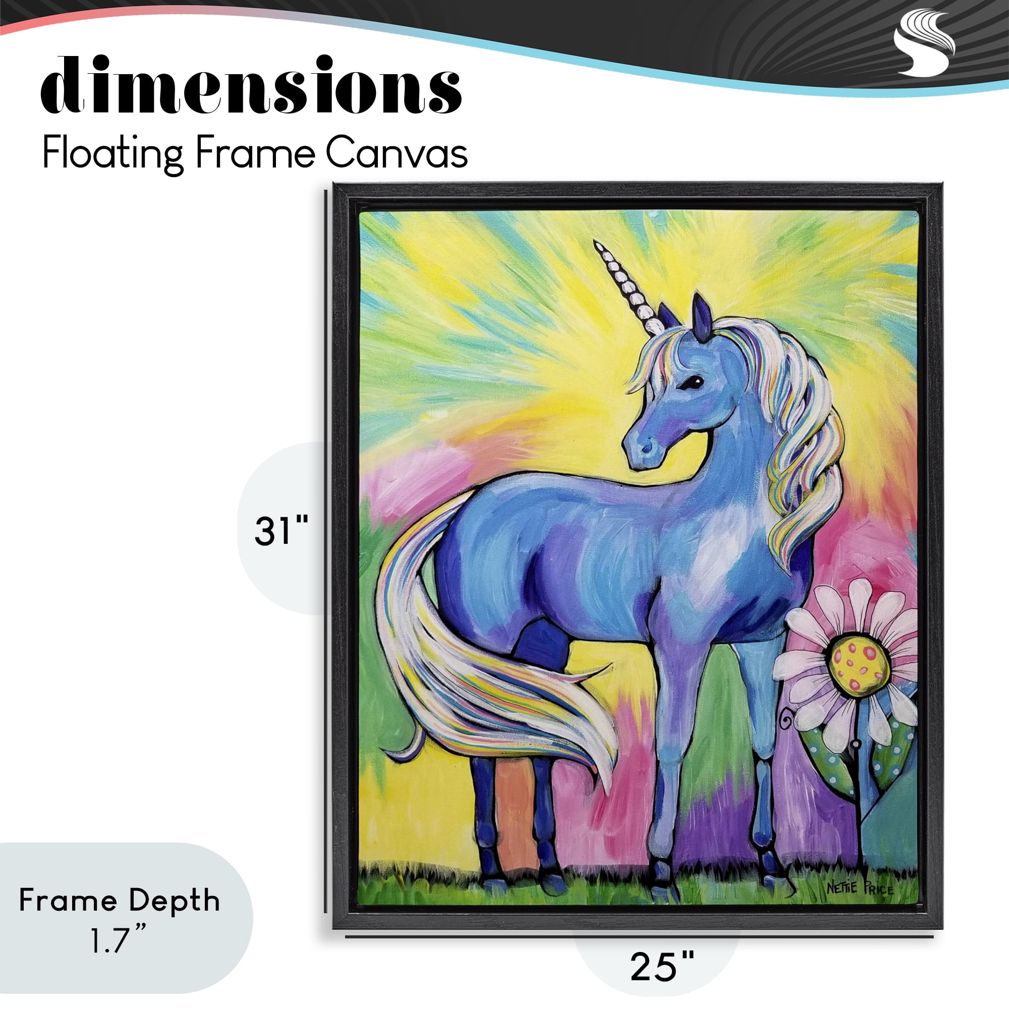 Stupell Industries Magical Unicorn in Rainbow Meadow Black Framed Floater Canvas Wall Art, design by Nettie Price