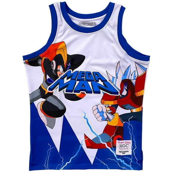 Mega Man Rockman Men's Headgear Classics Premium Embroidered Basketball Jersey (Medium, White/Blue)