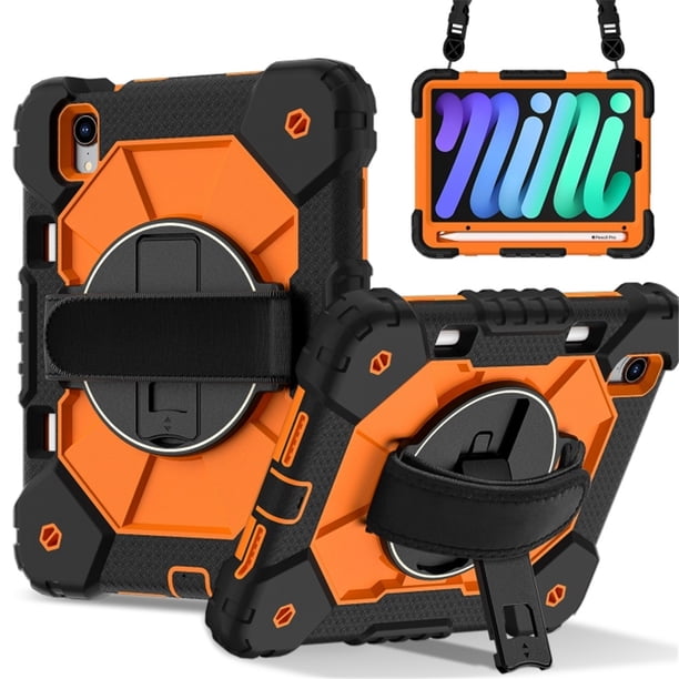 Funda Resistente a Golpes para iPad A16 11th / iPad A16 10th, Funda Protectora de Silicona Anti-caída + Capa de PC con Asa Giratoria de 360°, Correa para el Hombro, Naranja, para iPad A16 11th/10th