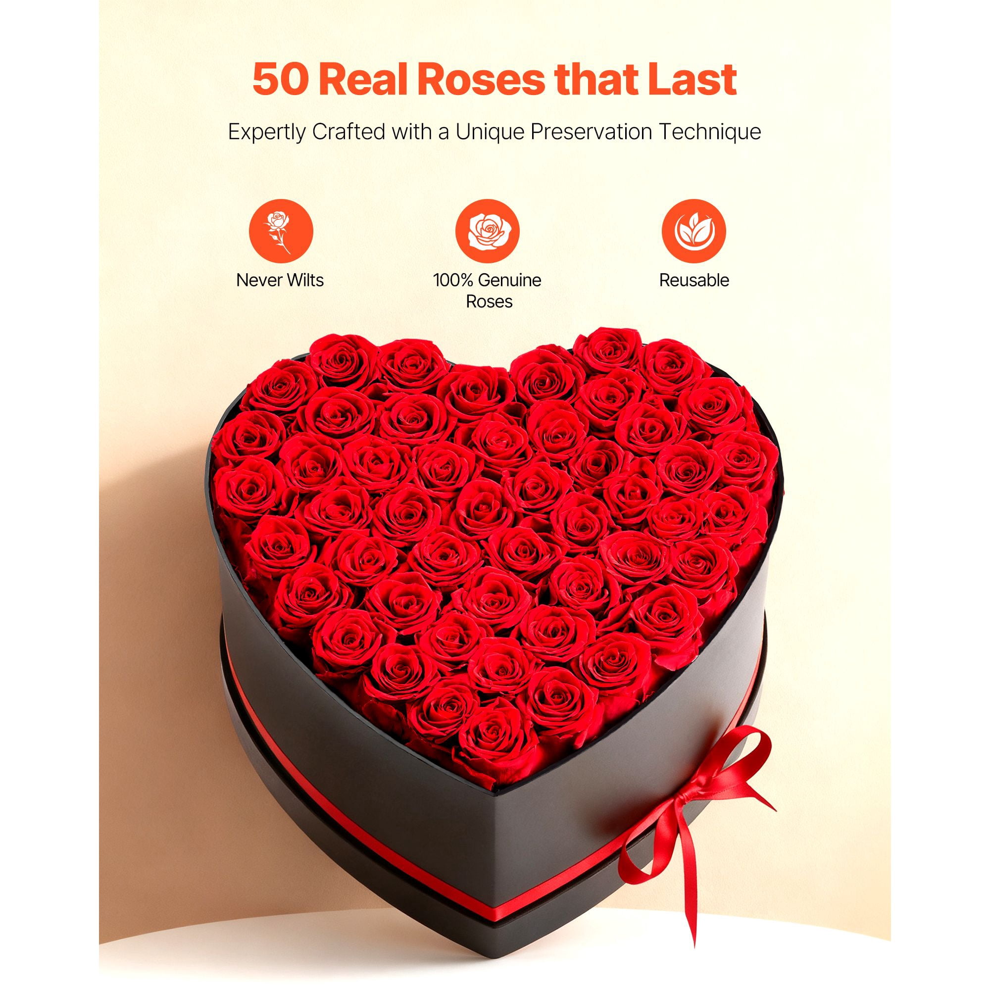 Preserved Roses 50 Real Roses in Heart Box Lasts Up to 3 Years No Watering Needed Light Rose Fragrance for Valentine's Day