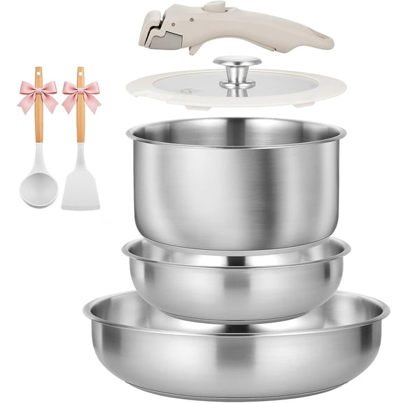 Koch Systeme CS Stainless Steel Pots and Pans Set, 7 Piece Stainless Steel Cookware Set with Detachable Handle, Induction Compatible