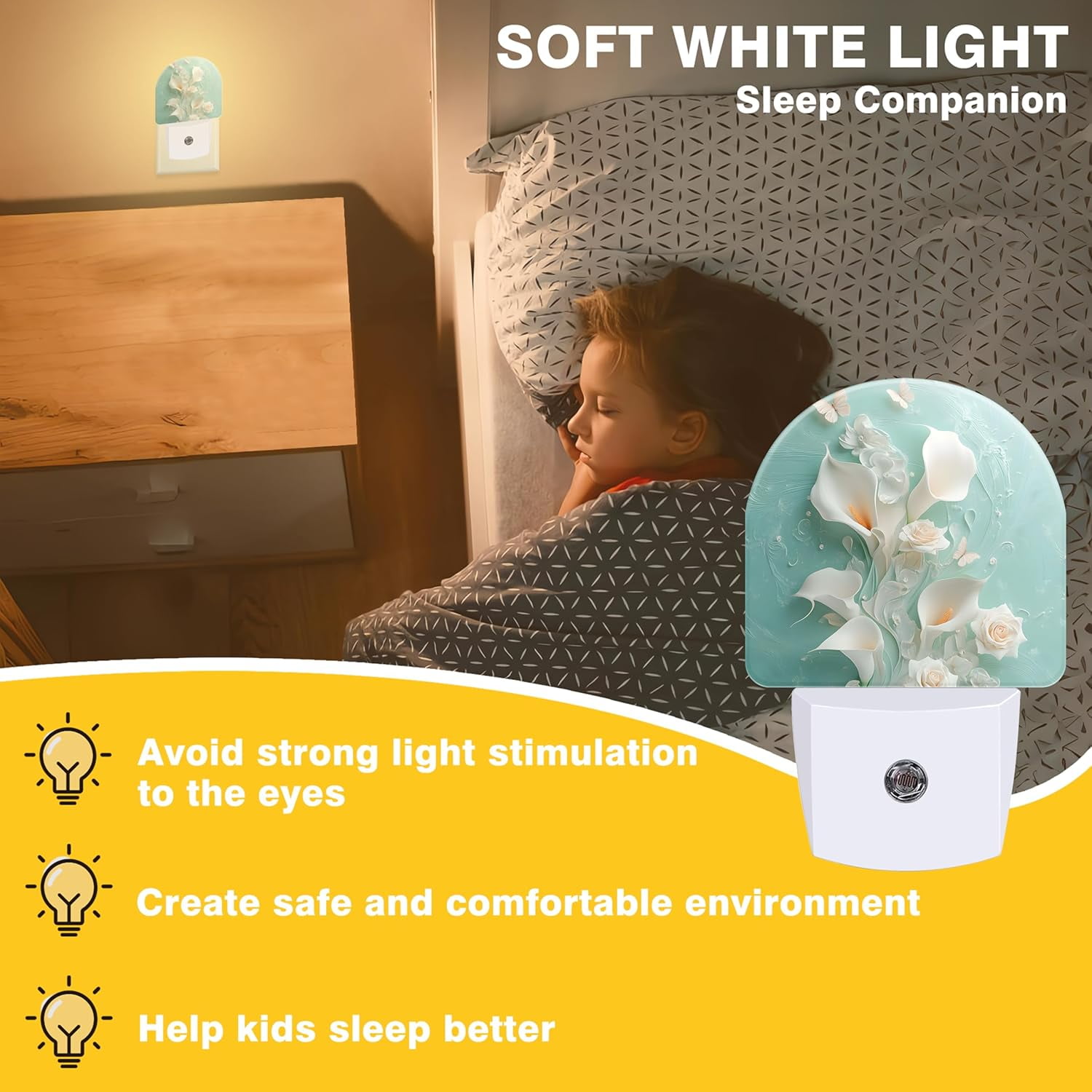 RGHJAR-Night Light, White Calla Lilies and Butterflies Night Lights Plug into Wall Dusk to Dawn Sensor Round Nightlight for Women Men Energy Efficient Led Lamp 0.5W for Stairway Hallway Bedroom