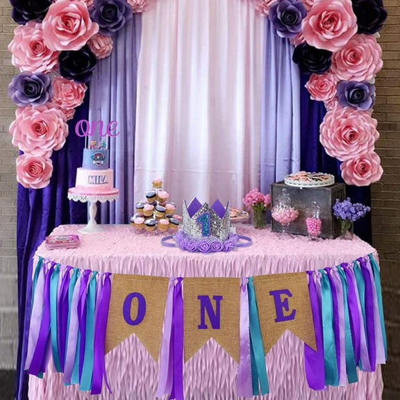 WEAVILUX Purple First Birthday One Banner Decorative High Chair Sign for Party Photo Background