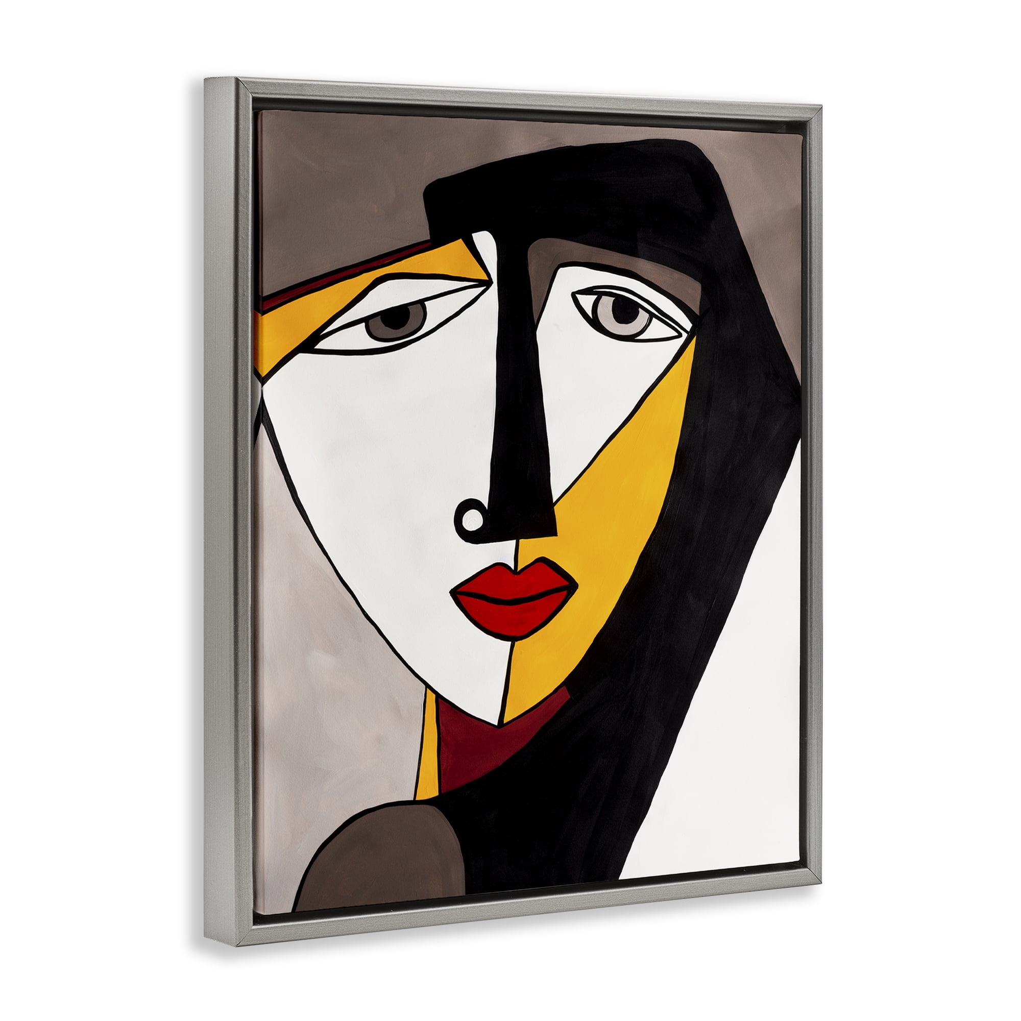 Stupell Industries Cubism Female Face People Painting Gray Floater Framed Canvas Art Print Wall Art, 25 x 31