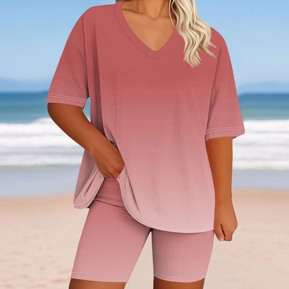 Caywon Women's V-Neck Short Sleeve T-Shirt and Shorts Two Piece Loungewear Set with Relaxed Oversized Fit for Home and Summer Casual Wear