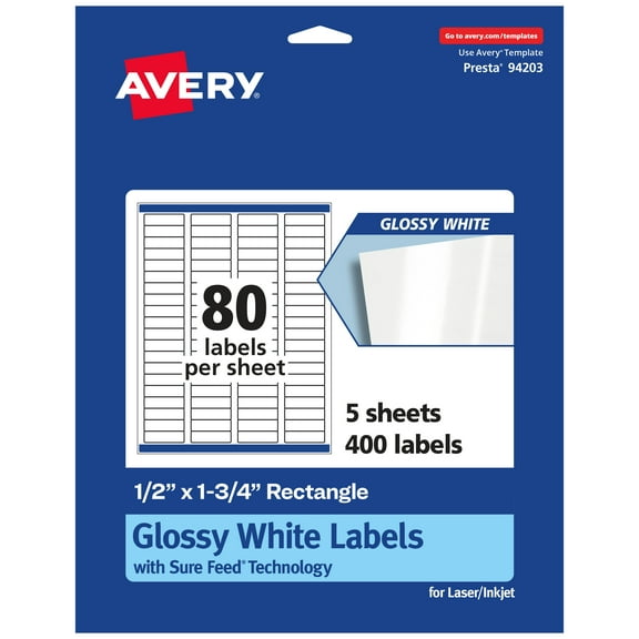 Avery Rectangle Labels with Sure Feed, 0.5" x 1.75", 400 Glossy White Labels