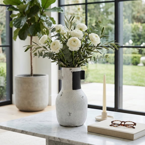 Rustic Speckled Vase for Living Room Decor - Modern Terracotta Accent for Home Decor and Flower Arrangements - Pottery Room Decor for Bedroom, House, or Office Table Display - 15", Ivory & Black