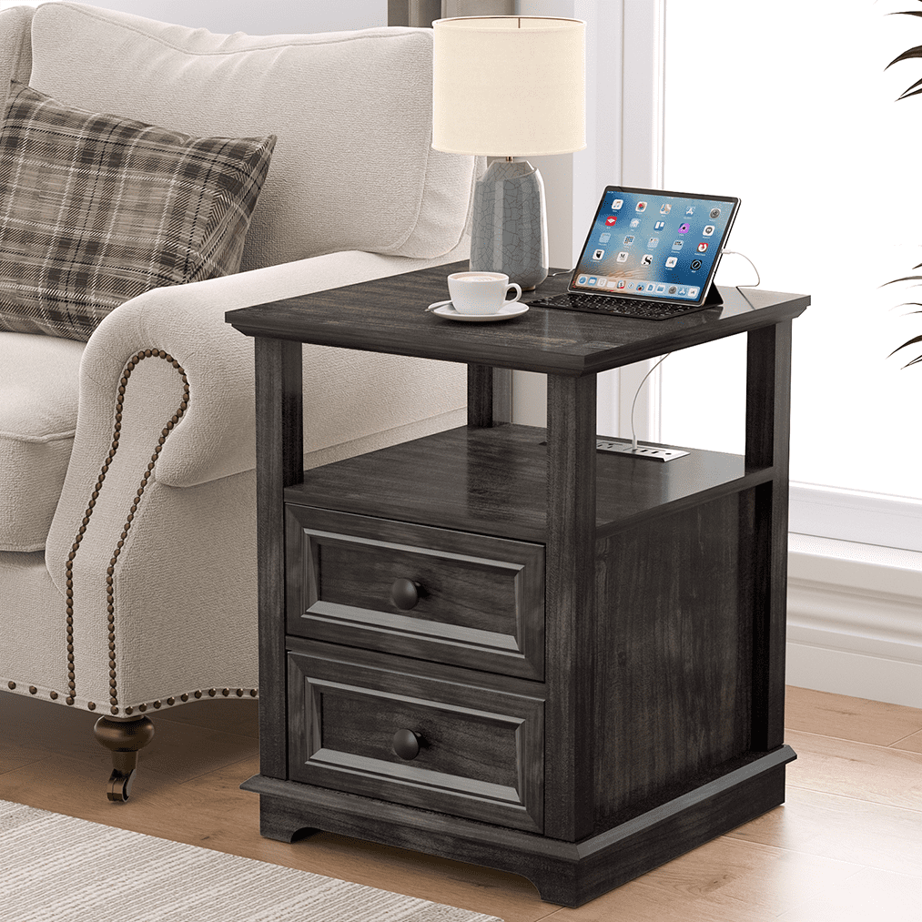 REDAYFUR End Table with Fast USB C Charging Station,24” Tall Sofa Side Table with 2 Drawers, Large Storage Rustic Wood Square Storage Cabinet for Living Room,Bedroom,Office, Black