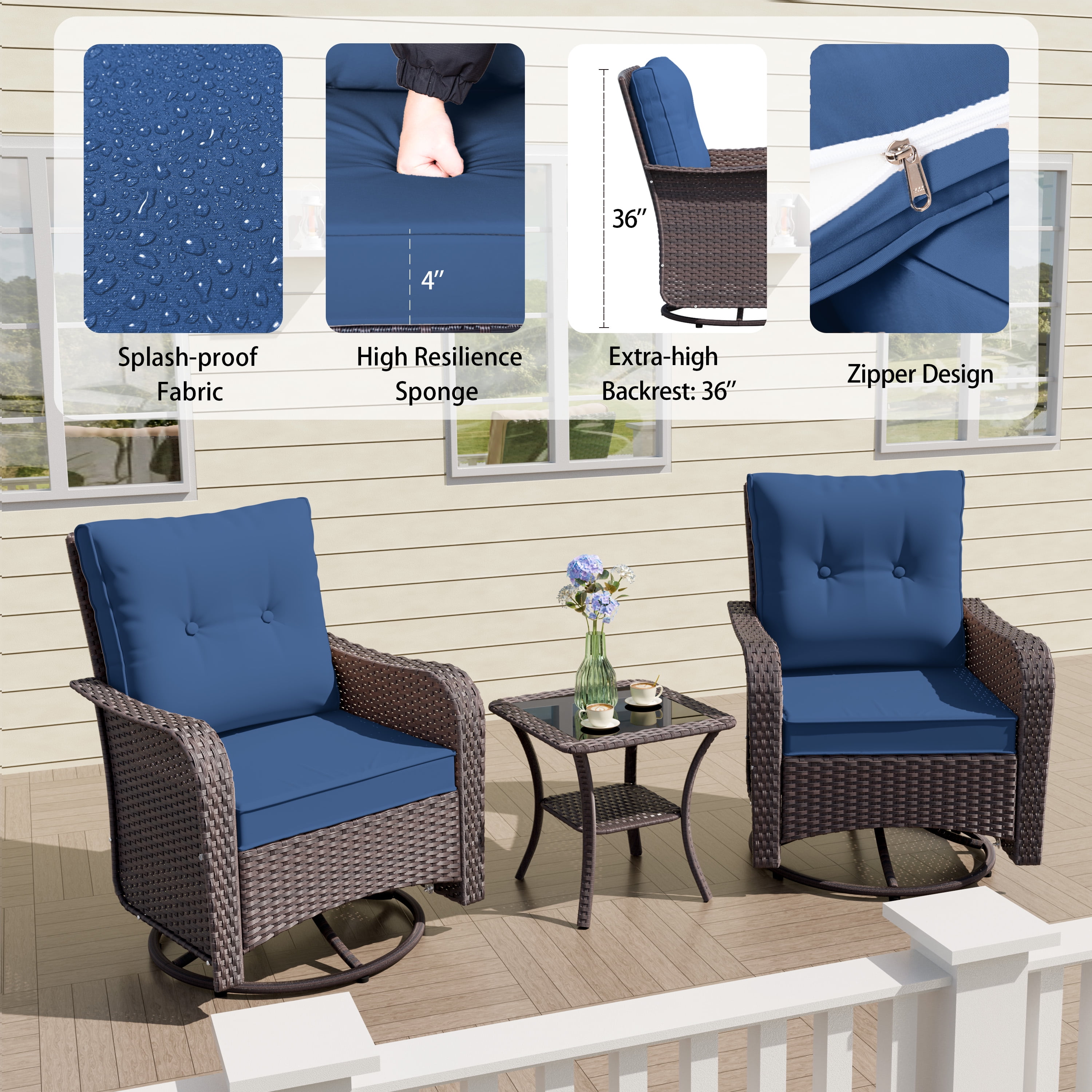 ALAULM 11 Pcs Patio Furniture Set with 2 Wicker Swivel Chairs & Stainless Steel Gas Fire Pit Table, Brown/Navy Blue