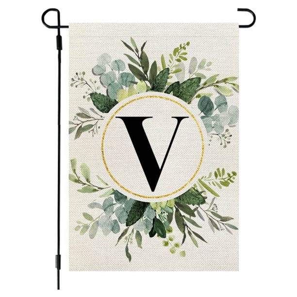 Bandera de lino para jardín, estilo Ins, con estampado de 26 letras y plantas verdes, con la primera letra del apellido, ideal para colgar en la puerta del patio.