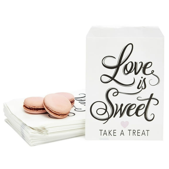 Sparkle and Bash Love Is Sweet Paper Treat Bags - Pack of 100, 5 x 7.5 In White - Wedding & Bridal Shower Sweet Treat Bags & Favor Holders - Cookie & Candy Gift Totes