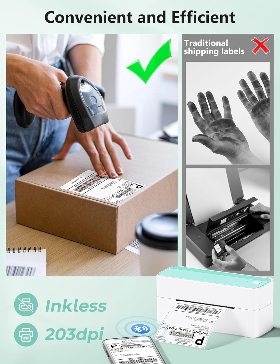 Bluetooth Thermal Shipping Label Printer, 241BT Wireless Thermal Label Printer for Shipping Packages, Inkless Thermal Shipping Label Printer, Compatible with iPhone, Android, Green
