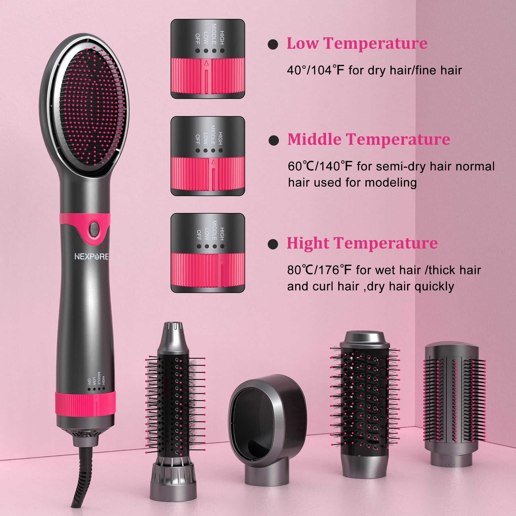 NEXPURE Hair Dryer Brush Set, 1" 5 in 1 Hot Air Brush, Drying, Volumizer Hair Styling Tools, Gray