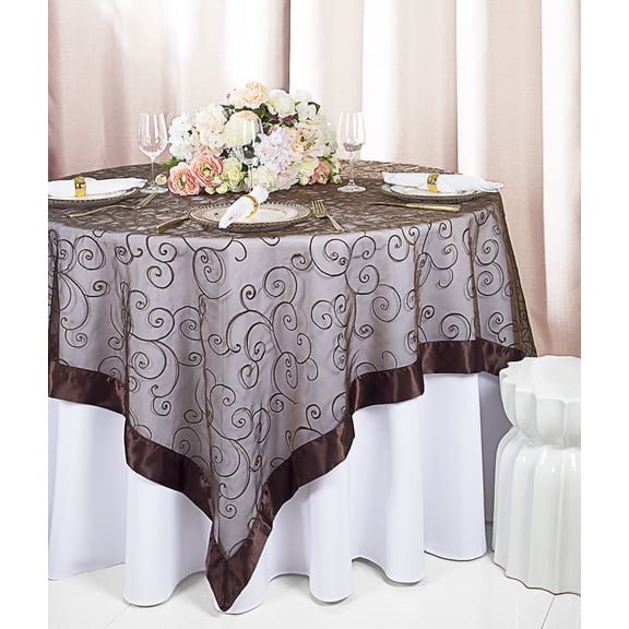 Wedding Linens Inc. 85"x85" Embroidered Organza Sheer Table Overlay Toppers - Chocolate