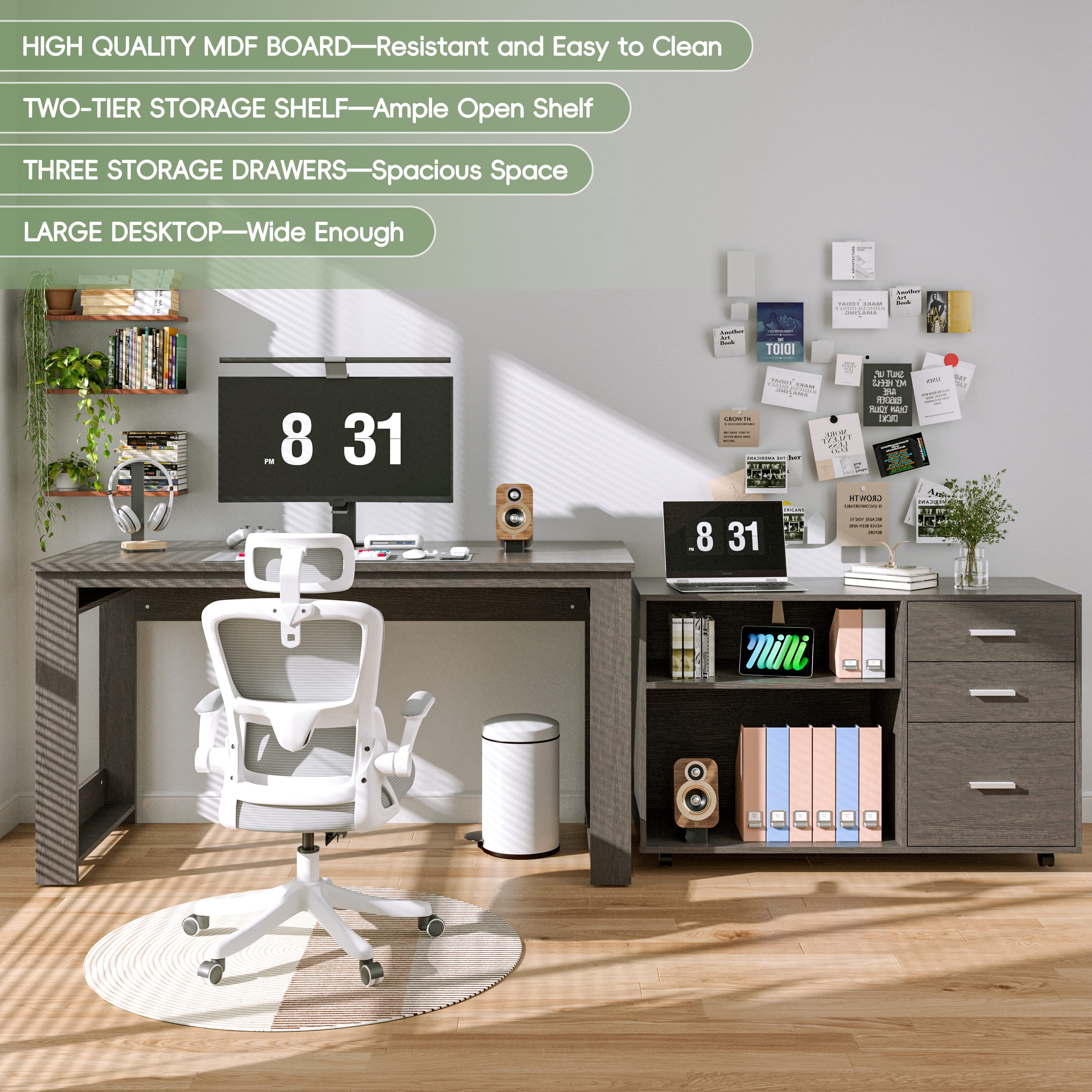 Tolead L-Shaped Lap Desks with Drawers and 2 Shelve, 55 inch Reversible Corner Computer Desks, Black