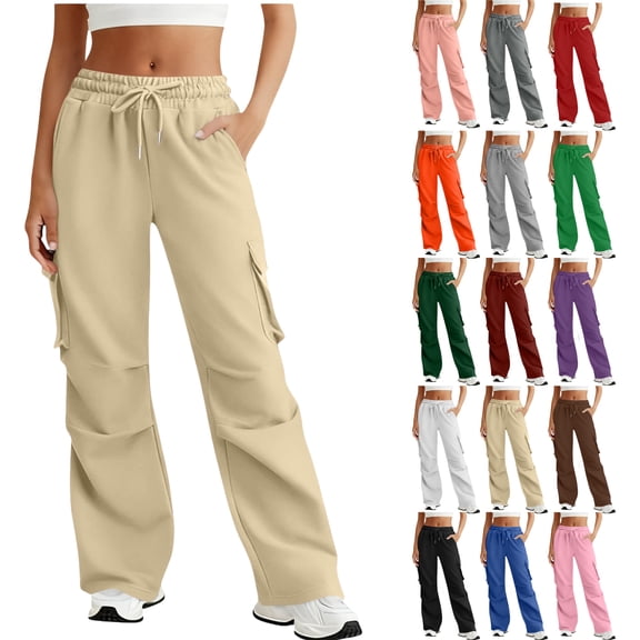 Sweatpants for Women Solid Color Elastic Waist Sports And Leisure Belt Pocket Threaded Ankle Pants Women Sports Pants Trousers