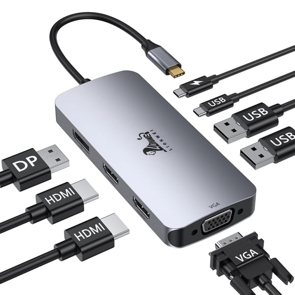 LIONWEI USB C Docking Station Dual Monitor, Laptop Docking Station 3 Monitors Quadruple Display with Dual 4K HDMI, DP, VGA, 100W PD, 3 USB C