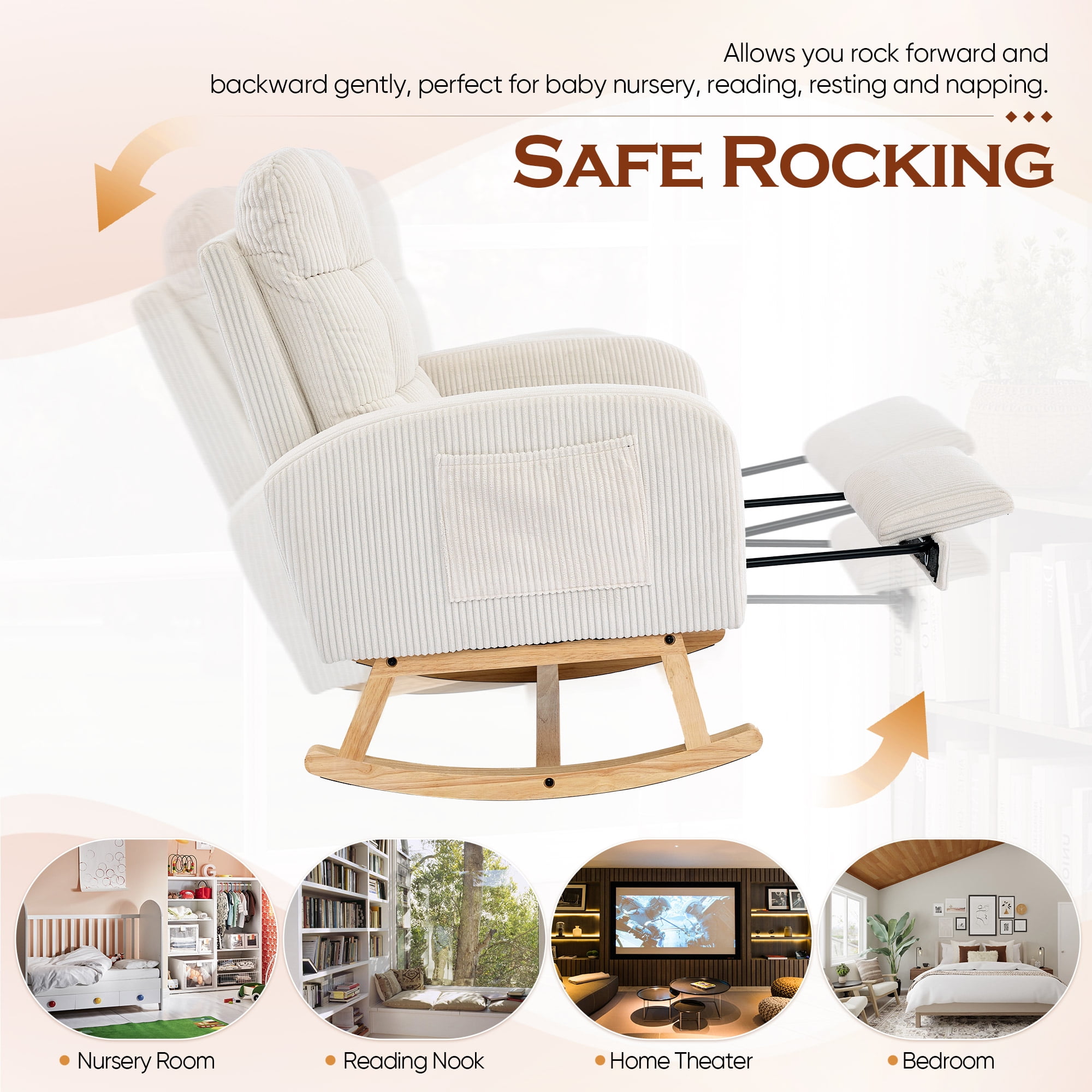 FFH Rocking Chair with Footrest, Rocking Chair for Nursery, Corduroy Armchair with High Backrest and Side Pockets, Accent Chair for Living Room, Bedroom, Beige