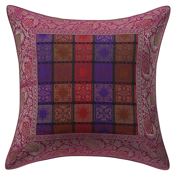 Stylo Culture Ethnic Chair Seat Throw Pillow Cover 16 x 16 Jacquard Purple Gold Traditional 40x40 cm Home Decor Brocade Geometric Zippered Square Cushion Cover | 1 Pc