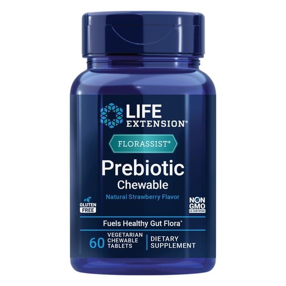 Life Extension FLORASSIST Prebiotic Chewable (Strawberry), 1000 mg, prebiotic supplement provides fuel for gut flora, gluten-free, non-GMO, vegetarian, 60 chewable tablets